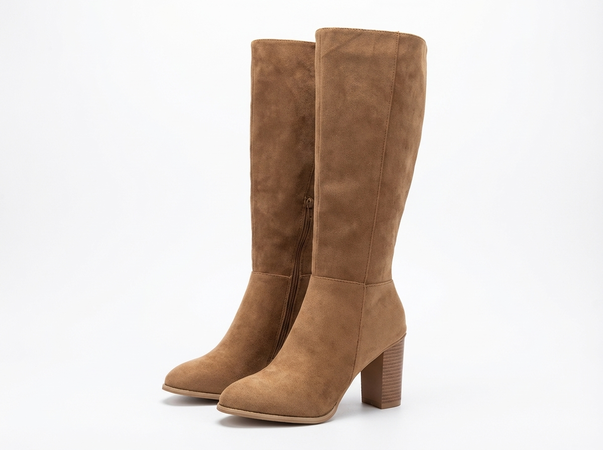 Botte haute marron clair Daim Synthétique Femme - Talon carré, fausse fourrure