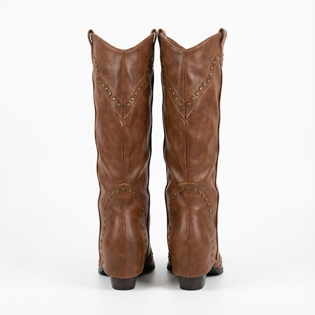 Santiag haute marron Simili Cuir Femme - Bout pointu, clous décoratifs