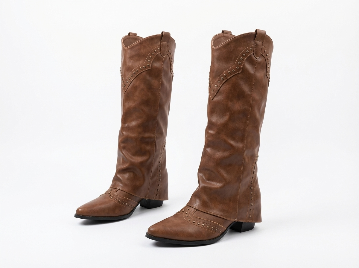 Santiag haute marron Simili Cuir Femme - Bout pointu, clous décoratifs