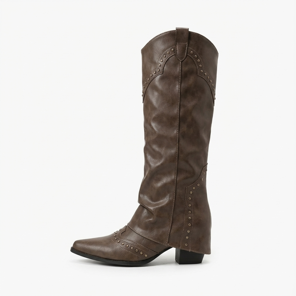 Santiag mi-haute marron Synthétique Femme - Clous, bout pointu