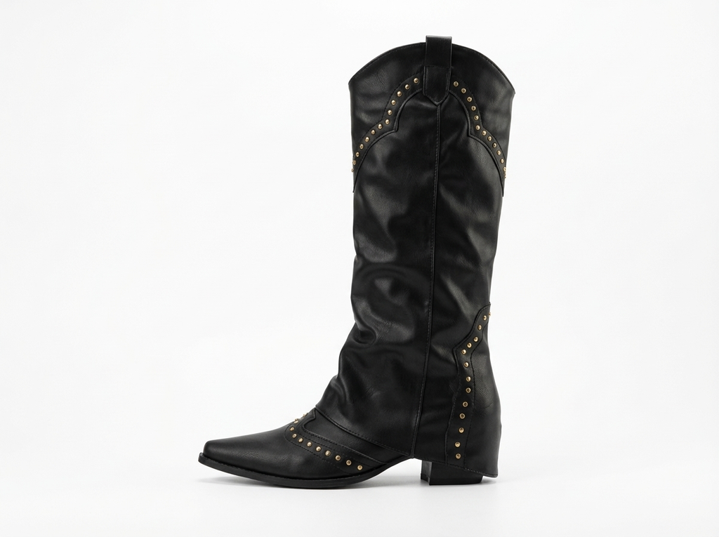 Santiag mi-haute noir Synthétique Femme - Clous, style rétro