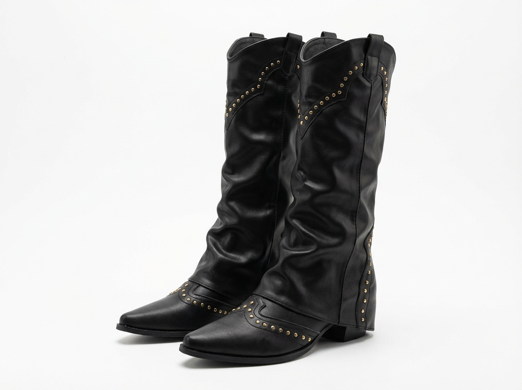 Santiag mi-haute noir Synthétique Femme - Clous, style rétro