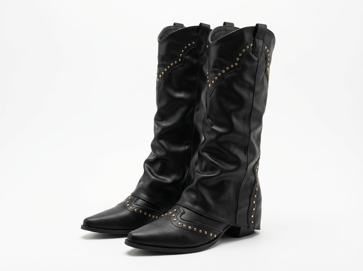 Santiag mi-haute noir Synthétique Femme - Clous, style rétro