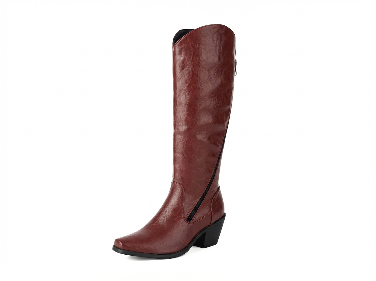 Santiag haute rouge Simili Cuir Femme - Zip latéral