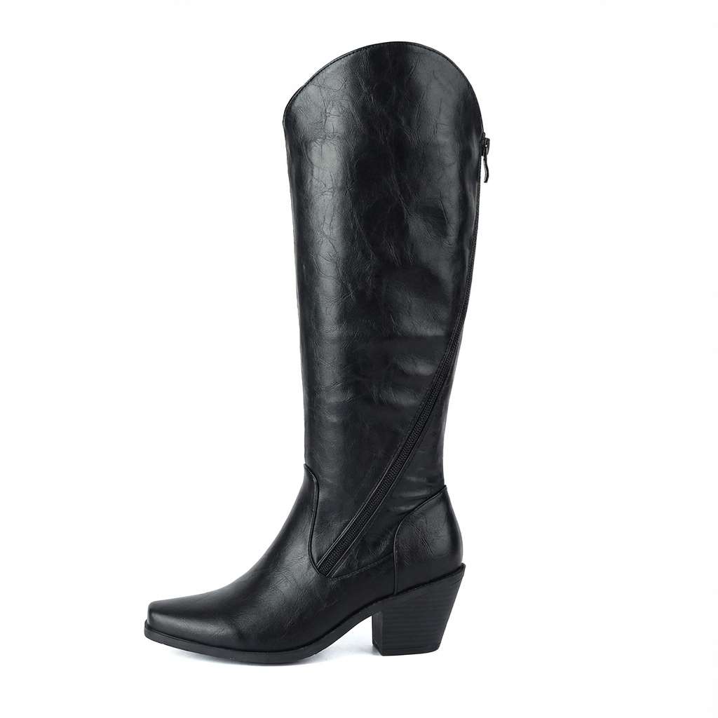 Santiag haute noir Simili Cuir Femme - Broderies ton sur ton, talon cubain