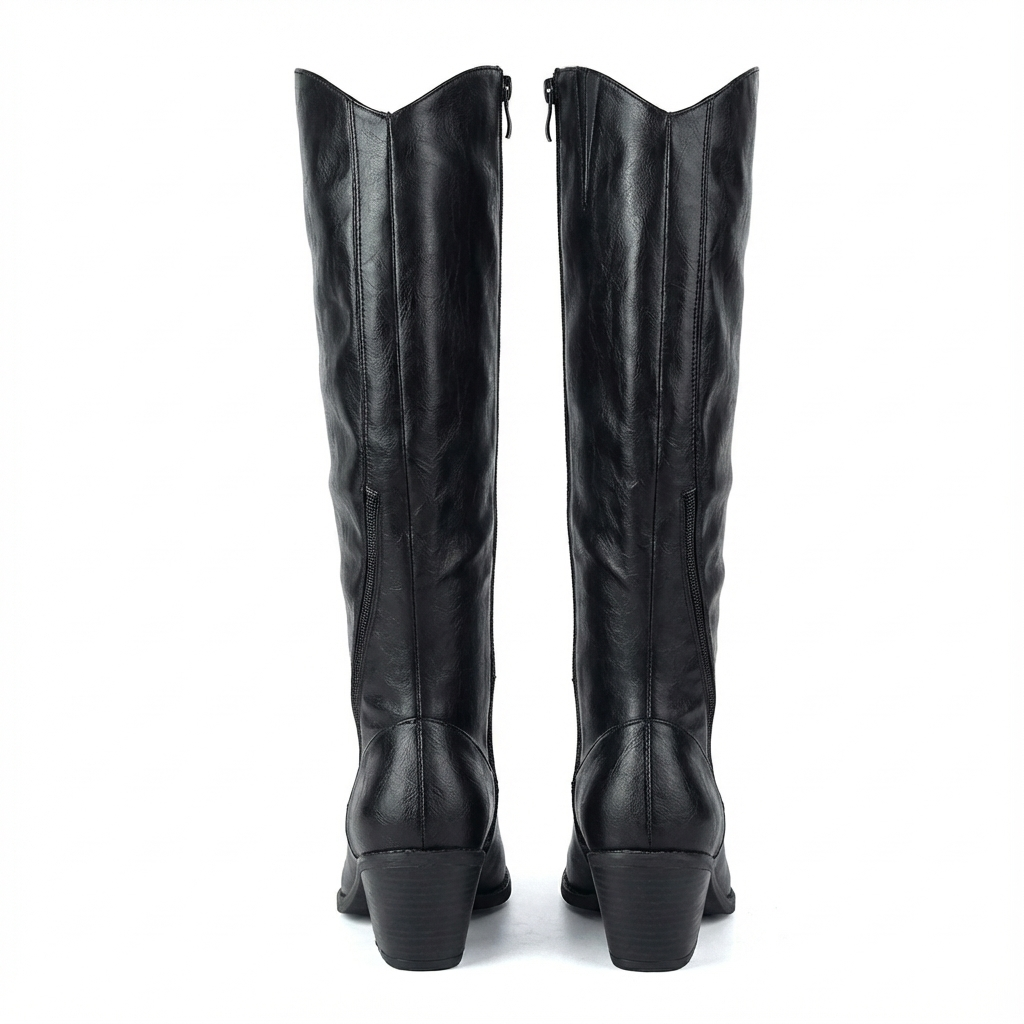 Santiag haute noir Simili Cuir Femme - Broderies ton sur ton, talon cubain