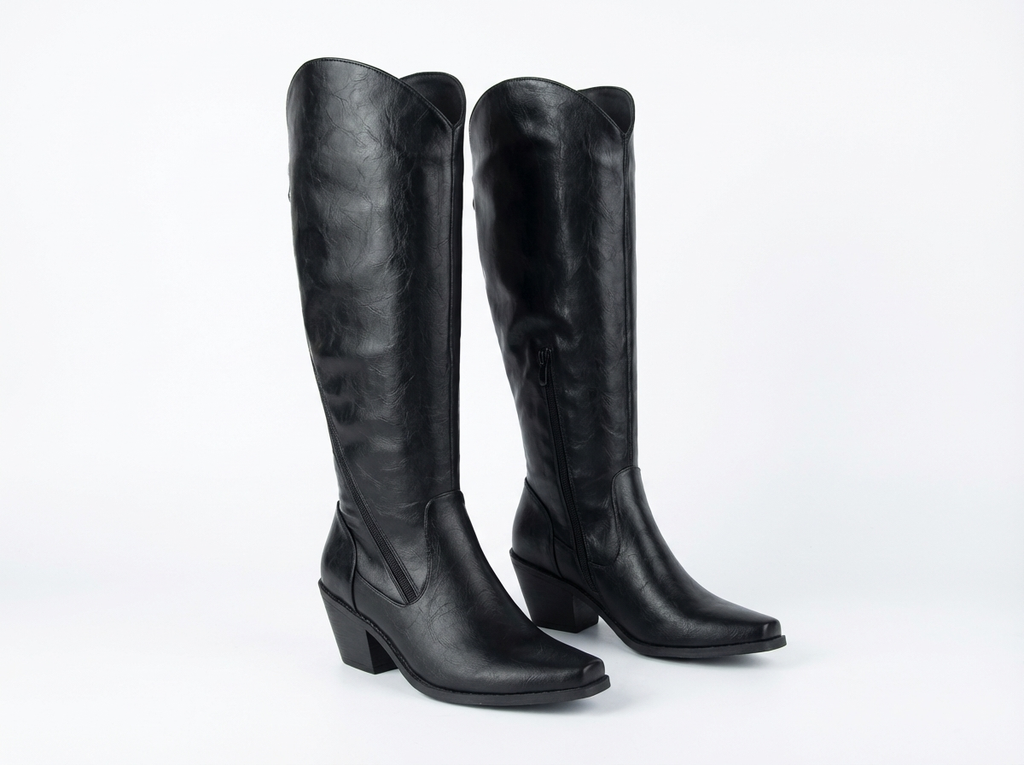 Santiag haute noir Simili Cuir Femme - Broderies ton sur ton, talon cubain