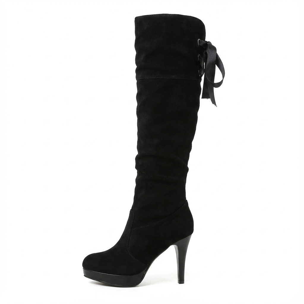 Botte haute noir Simili Cuir Femme - Rubans arrière