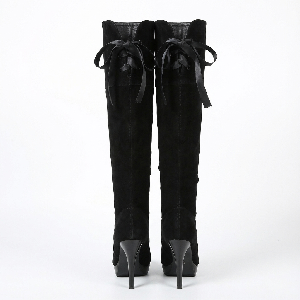 Botte haute noir Simili Cuir Femme - Rubans arrière