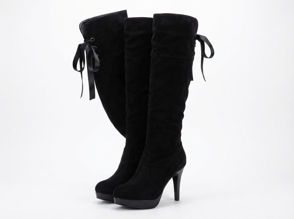 Botte haute noir Simili Cuir Femme - Rubans arrière