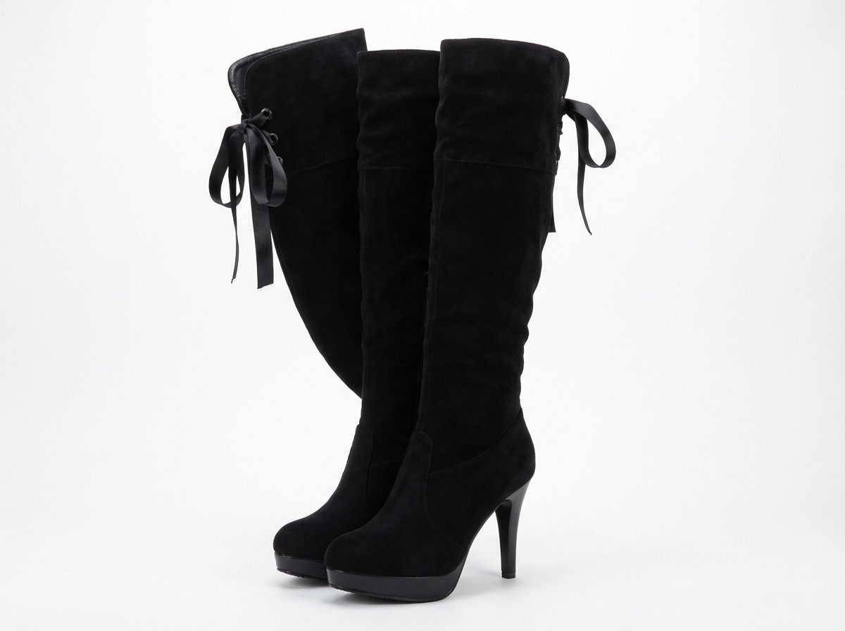 Botte haute noir Simili Cuir Femme - Rubans arrière