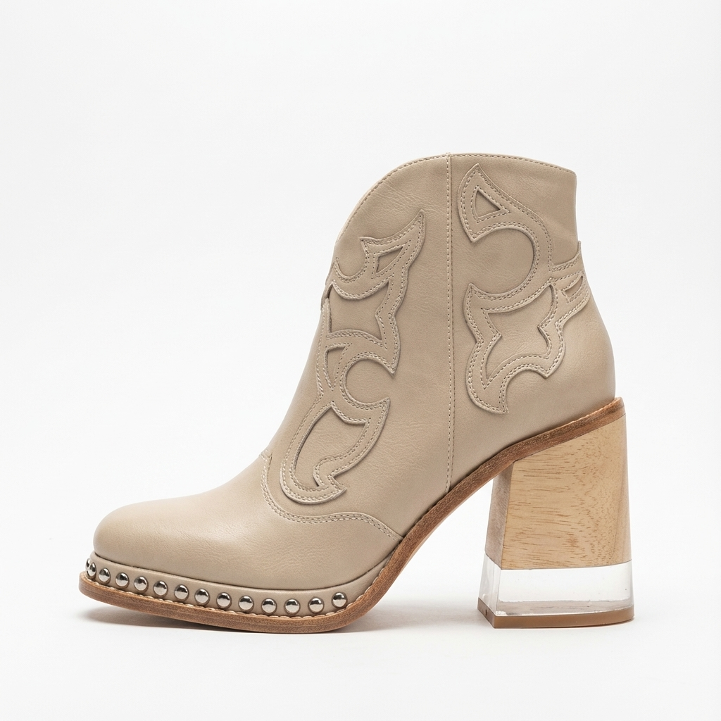 Santiag mi-haute beige Simili Cuir Femme - Broderies, talon contrasté