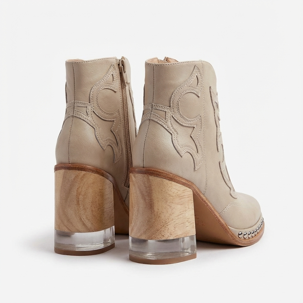Santiag mi-haute beige Simili Cuir Femme - Broderies, talon contrasté