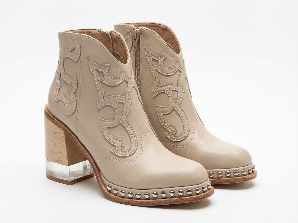 Santiag mi-haute beige Simili Cuir Femme - Broderies, talon contrasté