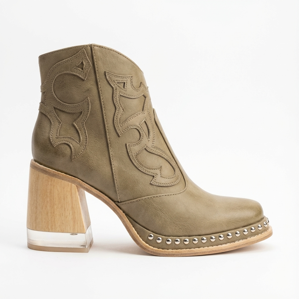 Santiag basse beige Simili Cuir Femme - Broderies et clous