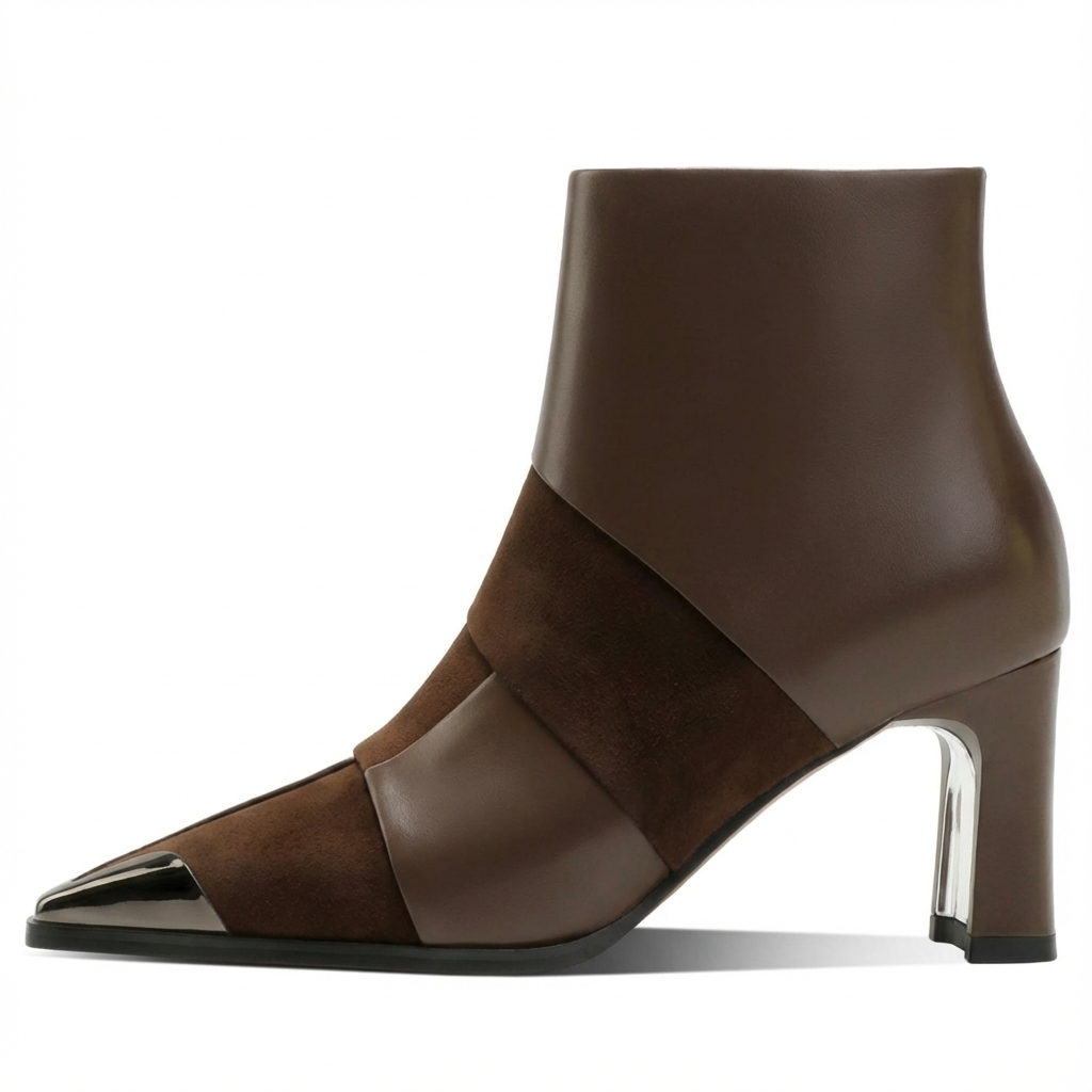 Bottine à talon marron foncé Cuir Femme - Bout pointu métallisé