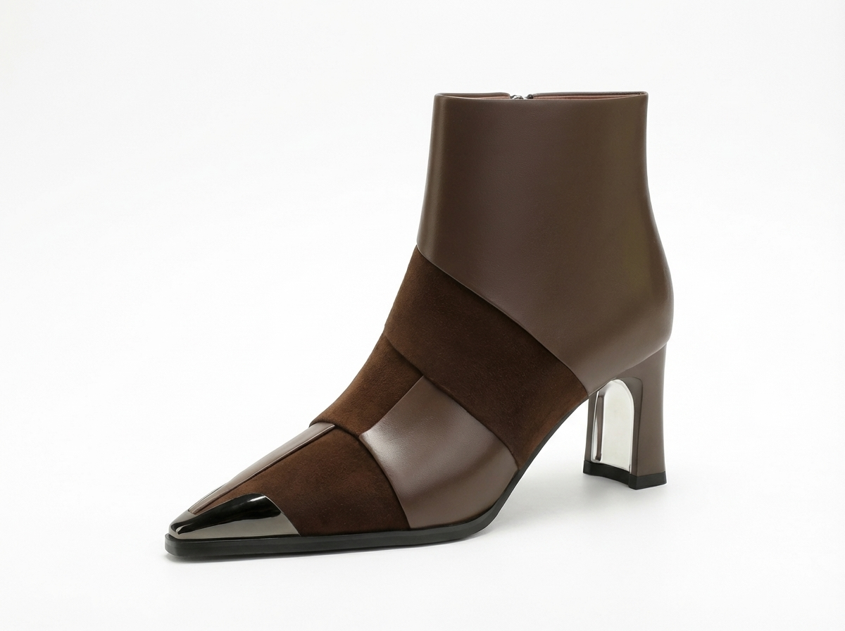 Bottine à talon marron foncé Cuir Femme - Bout pointu métallisé