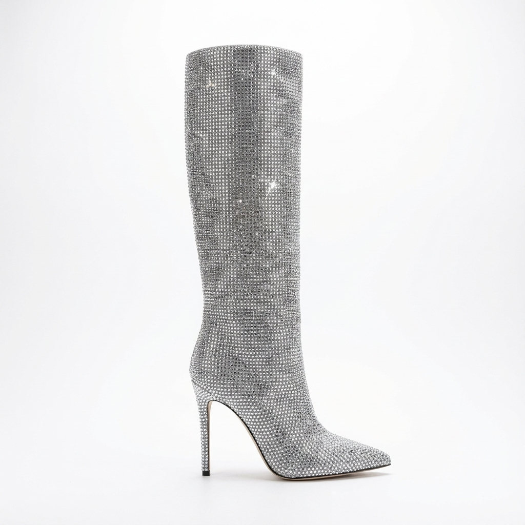 Botte haute argenté Daim Synthétique Femme - Paillettes
