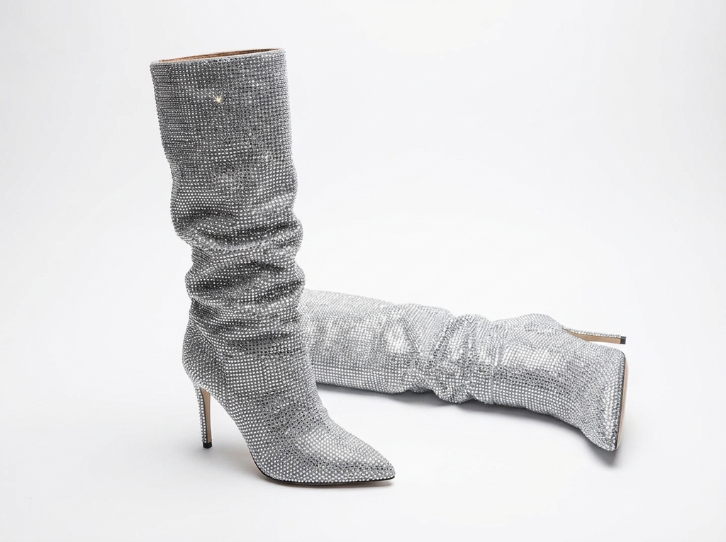 Botte haute argenté Daim Synthétique Femme - Paillettes