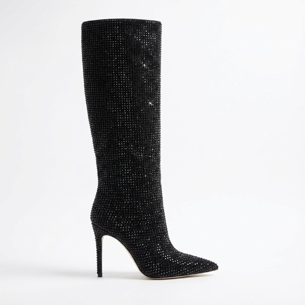 Botte haute noir à paillettes Daim Synthétique Femme - Talon aiguille
