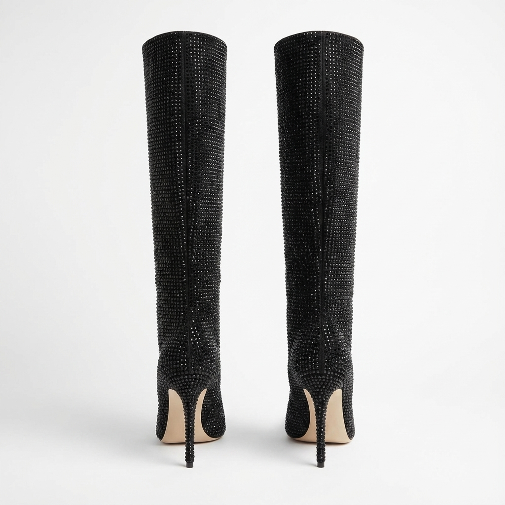 Botte haute noir à paillettes Daim Synthétique Femme - Talon aiguille