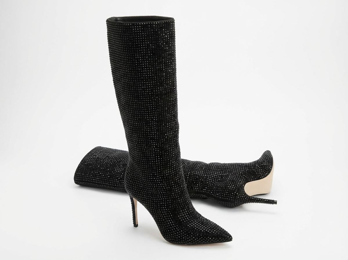 Botte haute noir à paillettes Daim Synthétique Femme - Talon aiguille