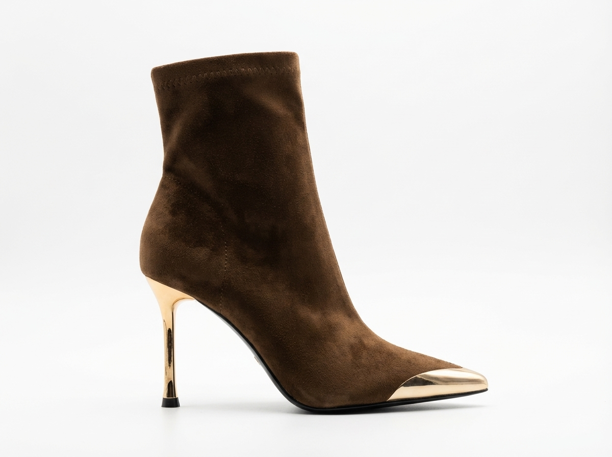 Bottine à talon Daim Synthétique Femme - Talon aiguille doré, bout métal