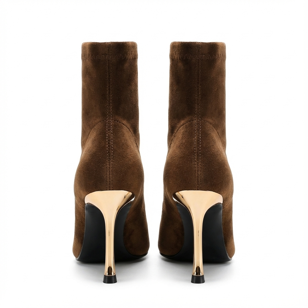 Bottine à talon Daim Synthétique Femme - Talon aiguille doré, bout métal