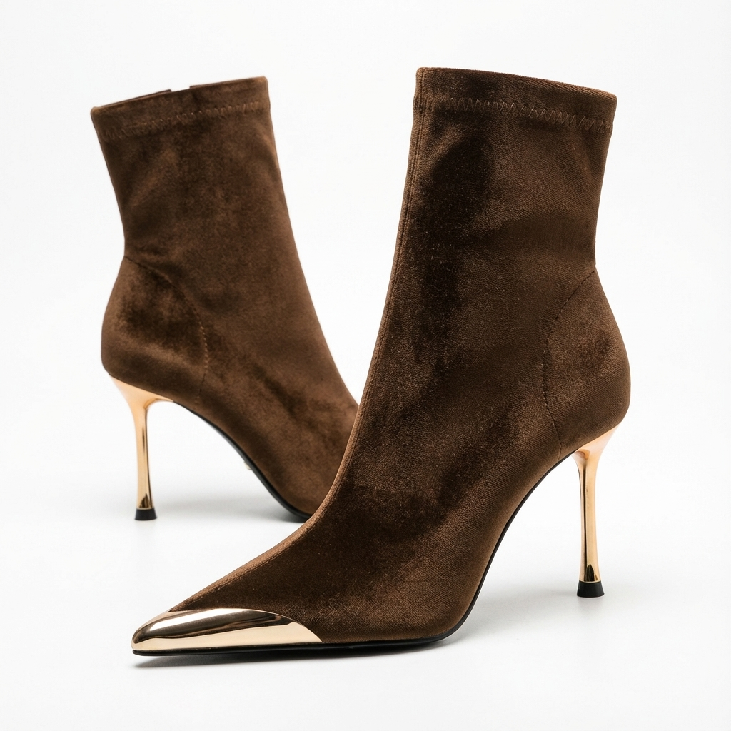 Bottine à talon Daim Synthétique Femme - Talon aiguille doré, bout métal