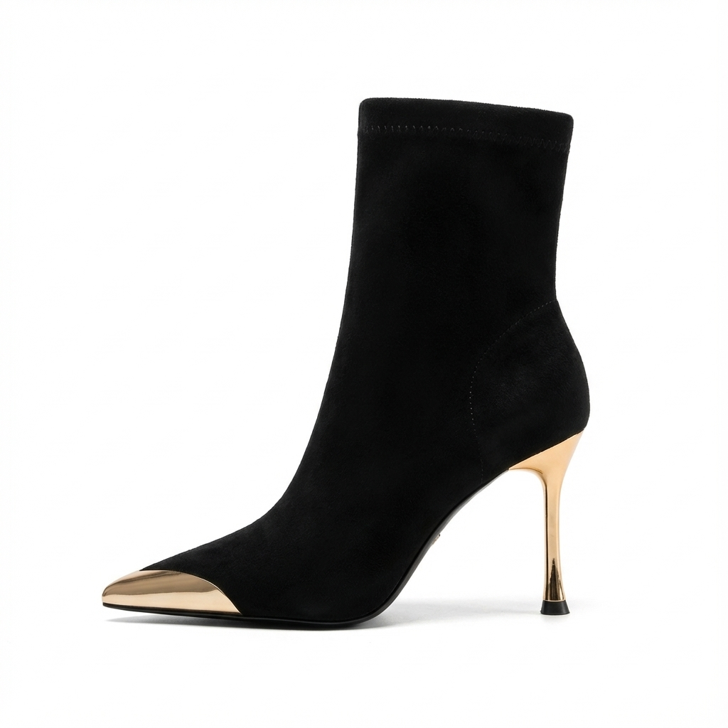 Bottine à talon noir Daim Synthétique Femme - Bout pointu doré