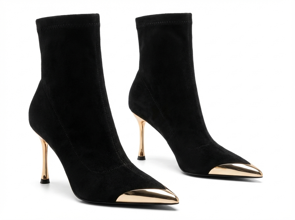 Bottine à talon noir Daim Synthétique Femme - Bout pointu doré