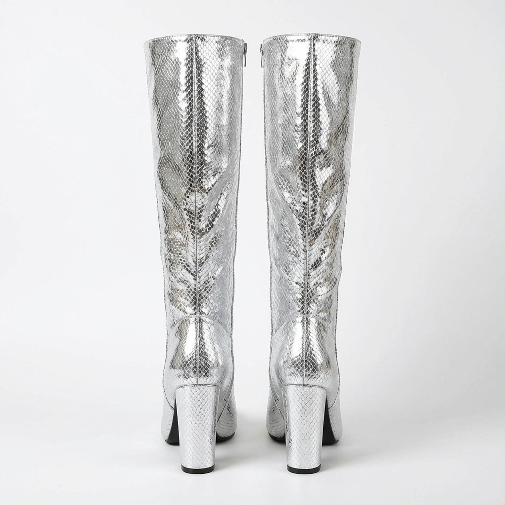 Botte basse argenté Simili Cuir Femme - Motif python
