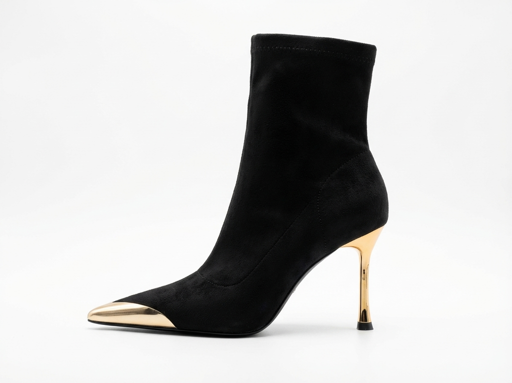 Bottine à talon noir Daim Synthétique Femme - Bout pointu doré