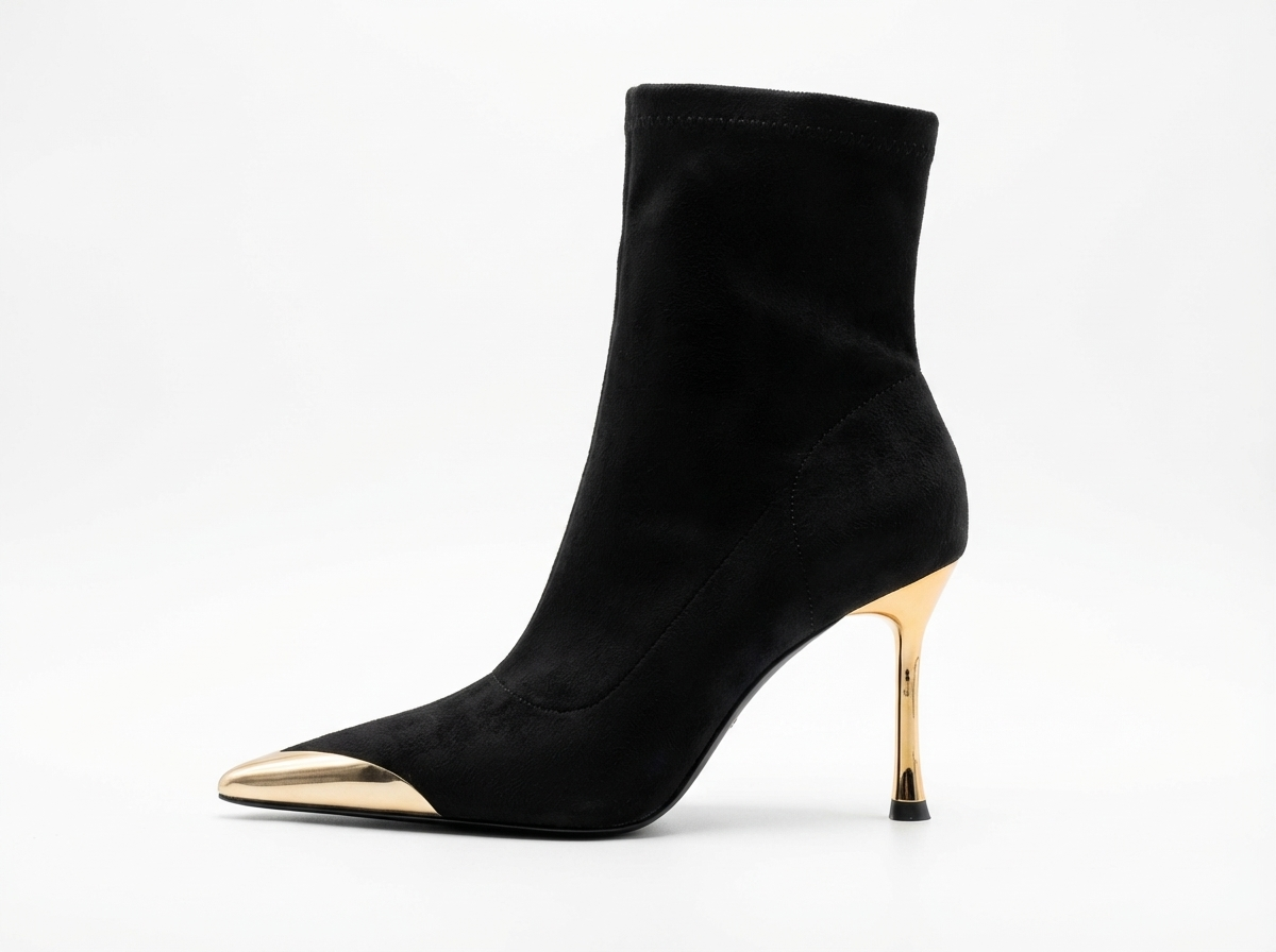 Bottine à talon noir Daim Synthétique Femme - Bout pointu doré