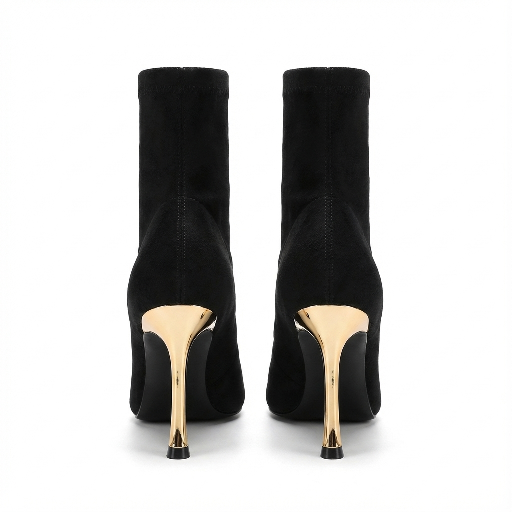 Bottine à talon noir Daim Synthétique Femme - Bout pointu doré