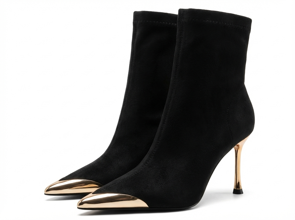 Bottine à talon noir Daim Synthétique Femme - Bout pointu doré