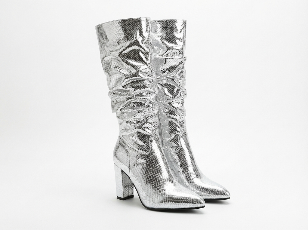 Botte basse argenté Simili Cuir Femme - Motif python