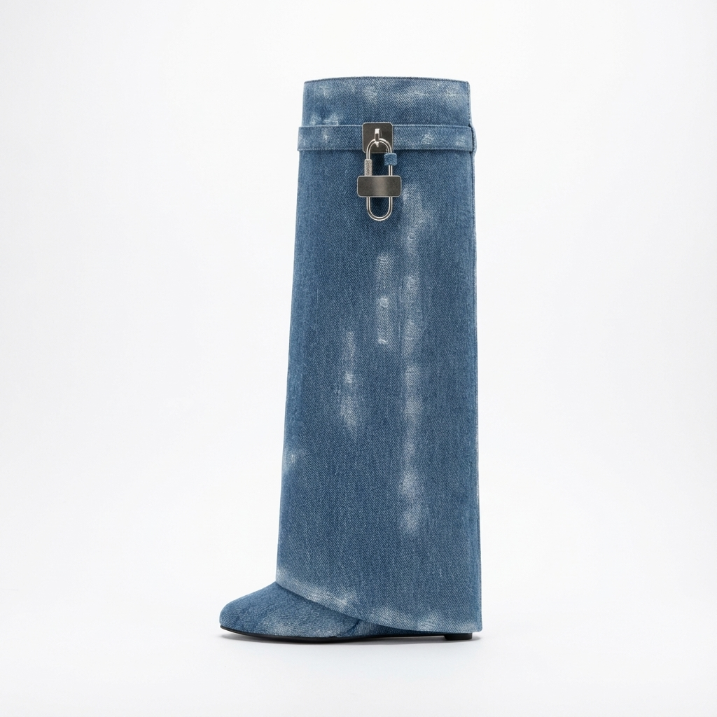 Botte haute bleu Cuir Femme - Effet denim, boucle