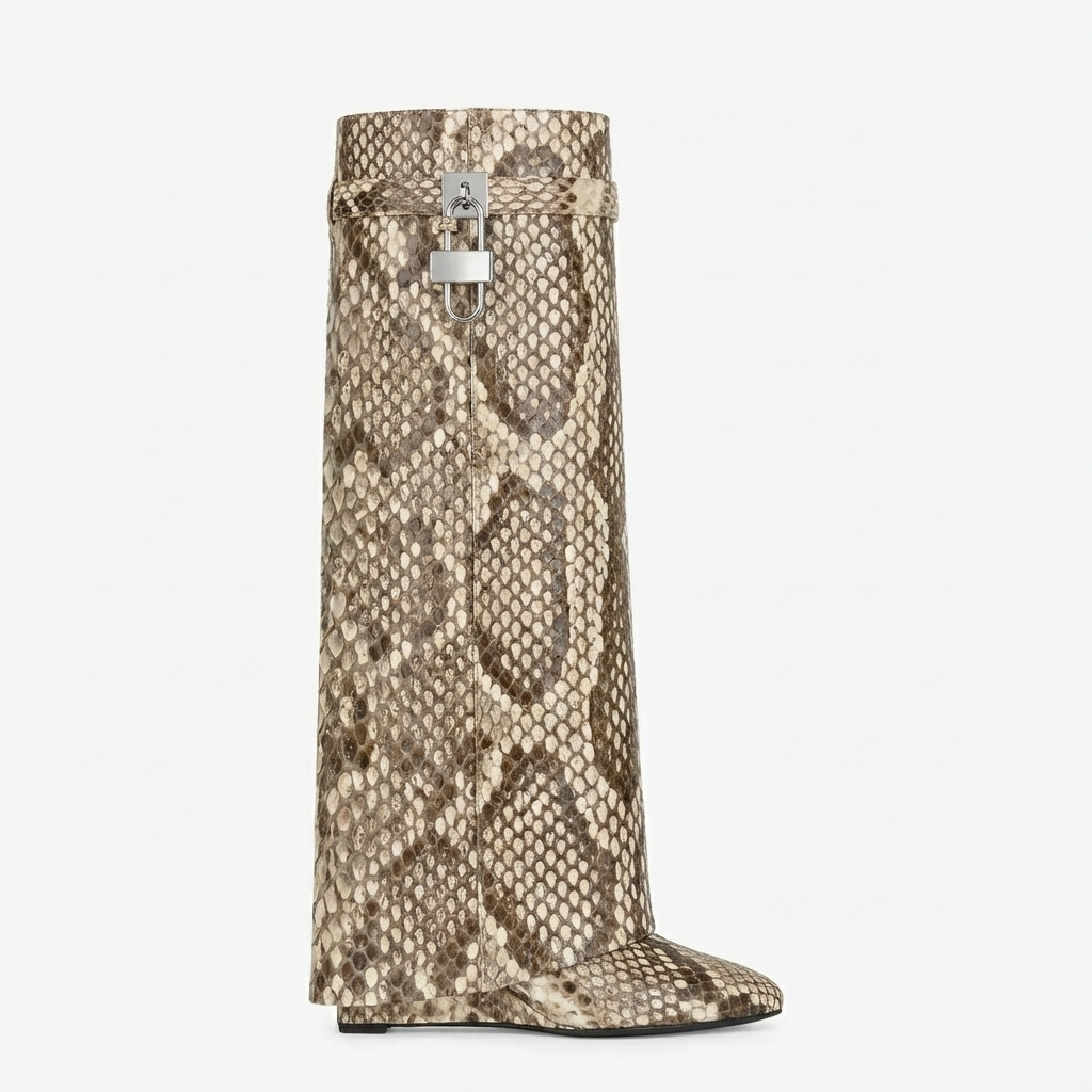 Botte haute beige Cuir Femme - Motif python