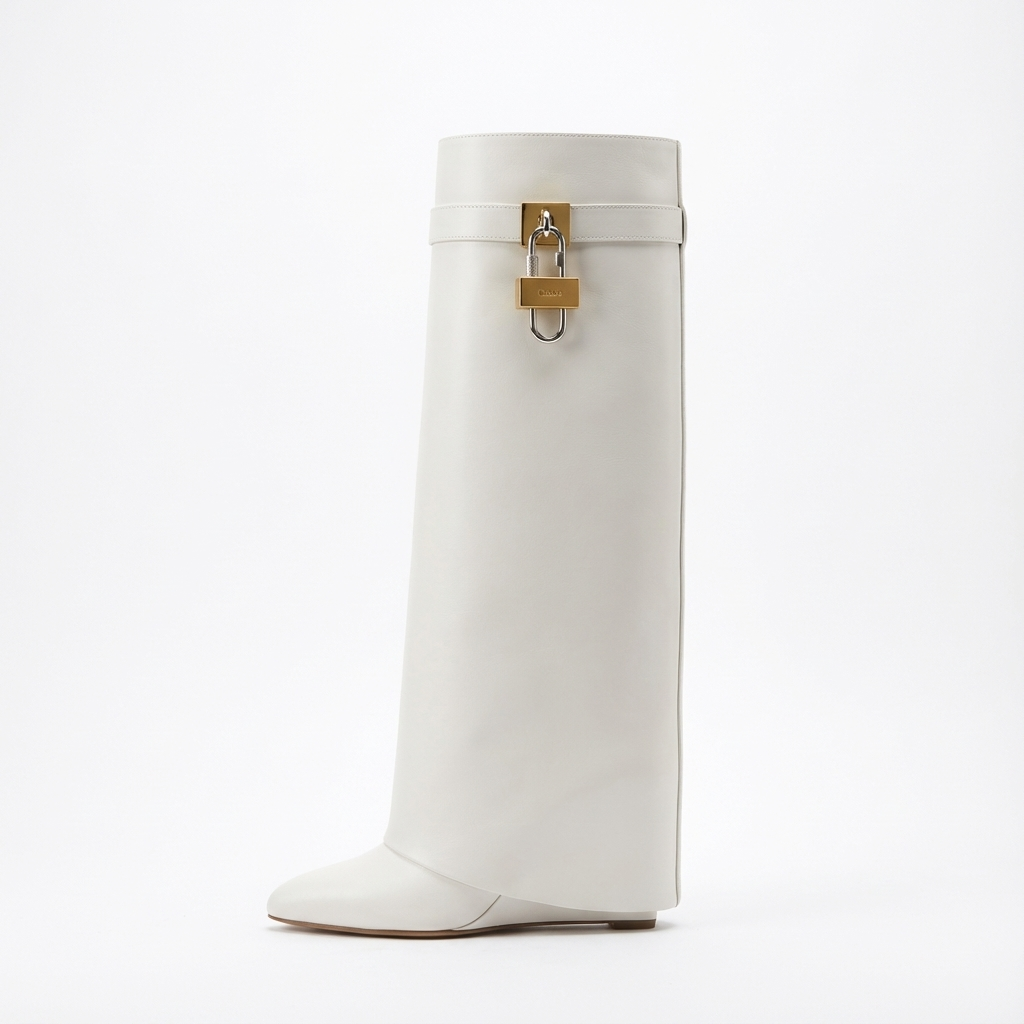 Botte haute blanc Cuir Femme - Cadenas doré