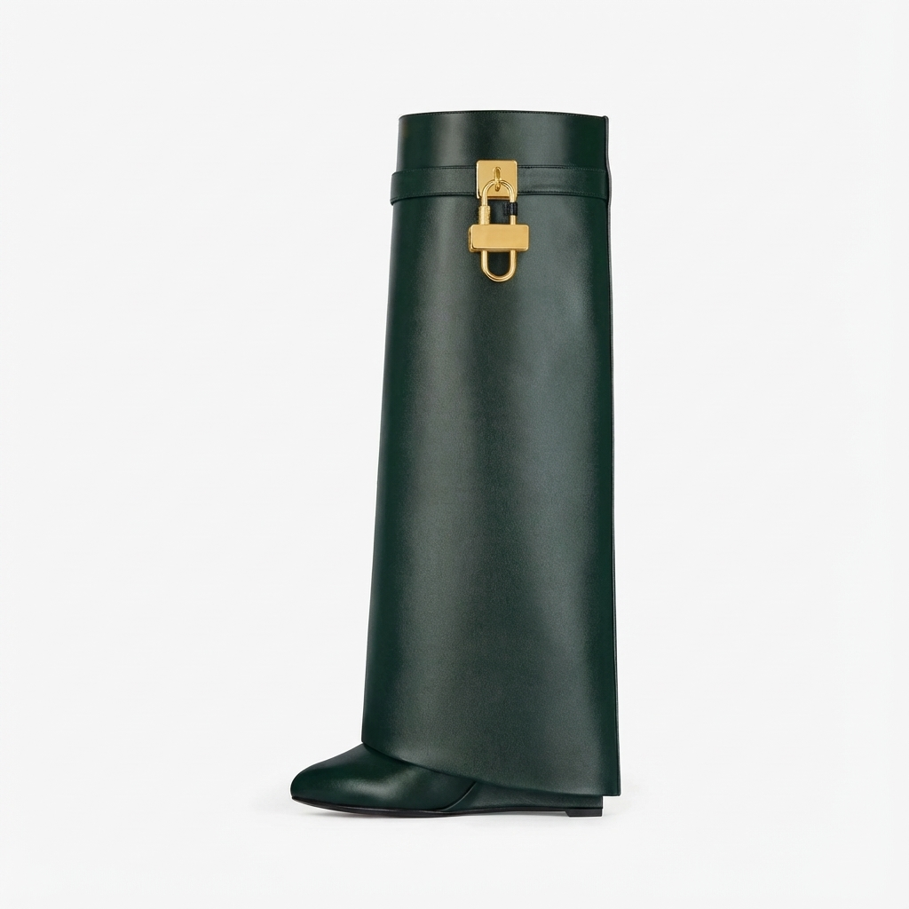 Botte haute vert Cuir Femme - Boucle dorée