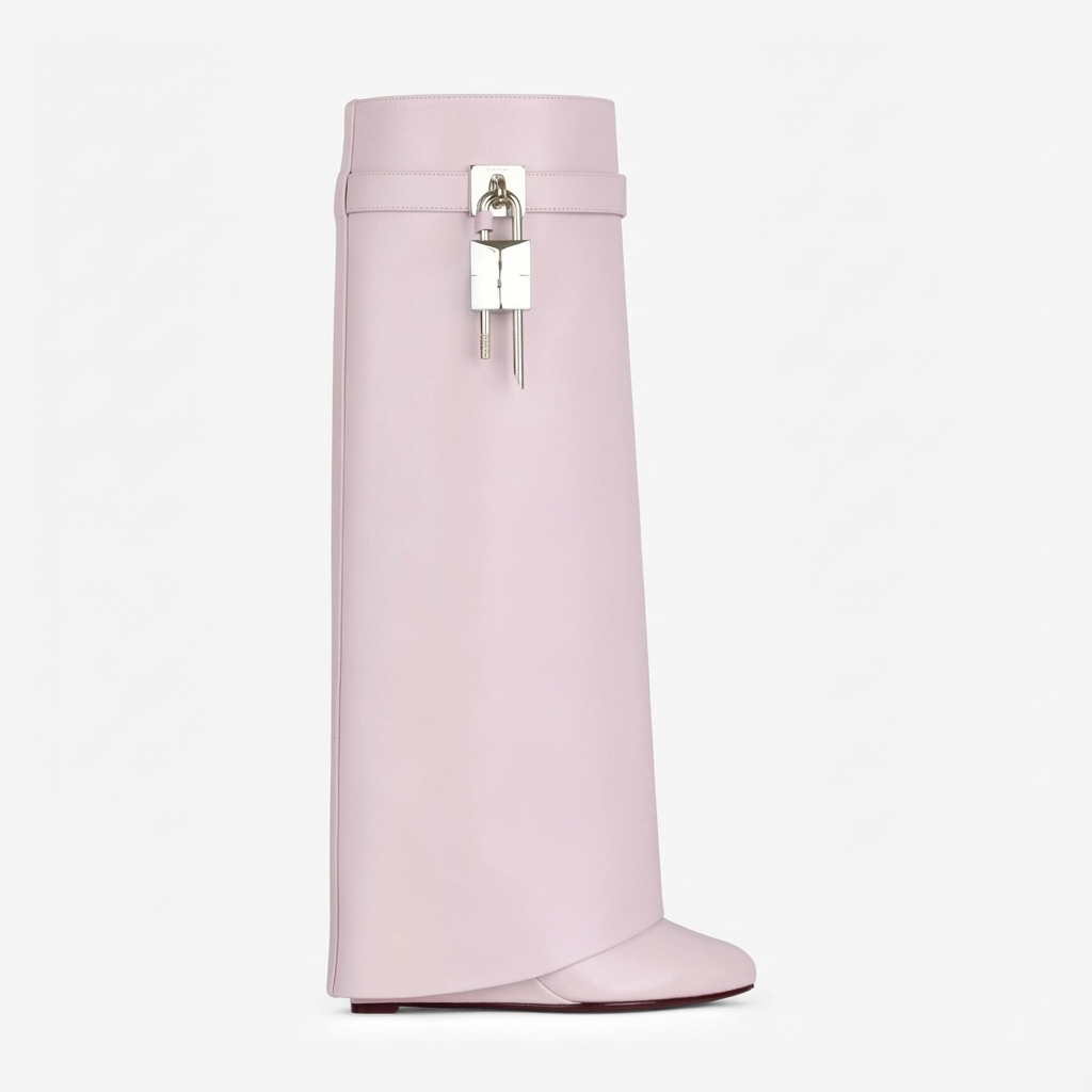 Botte haute rose Cuir Femme - Cadenas argenté