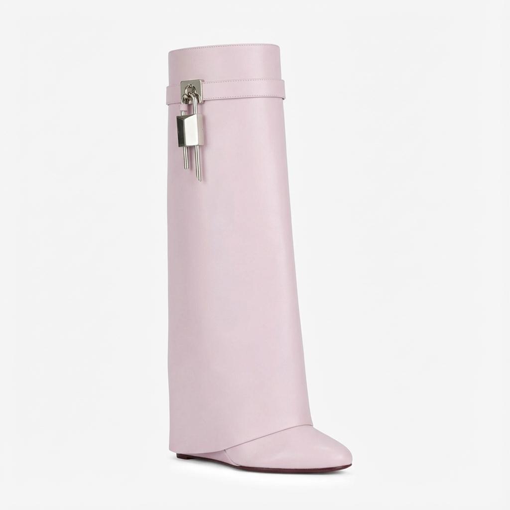 Botte haute rose Cuir Femme - Cadenas argenté