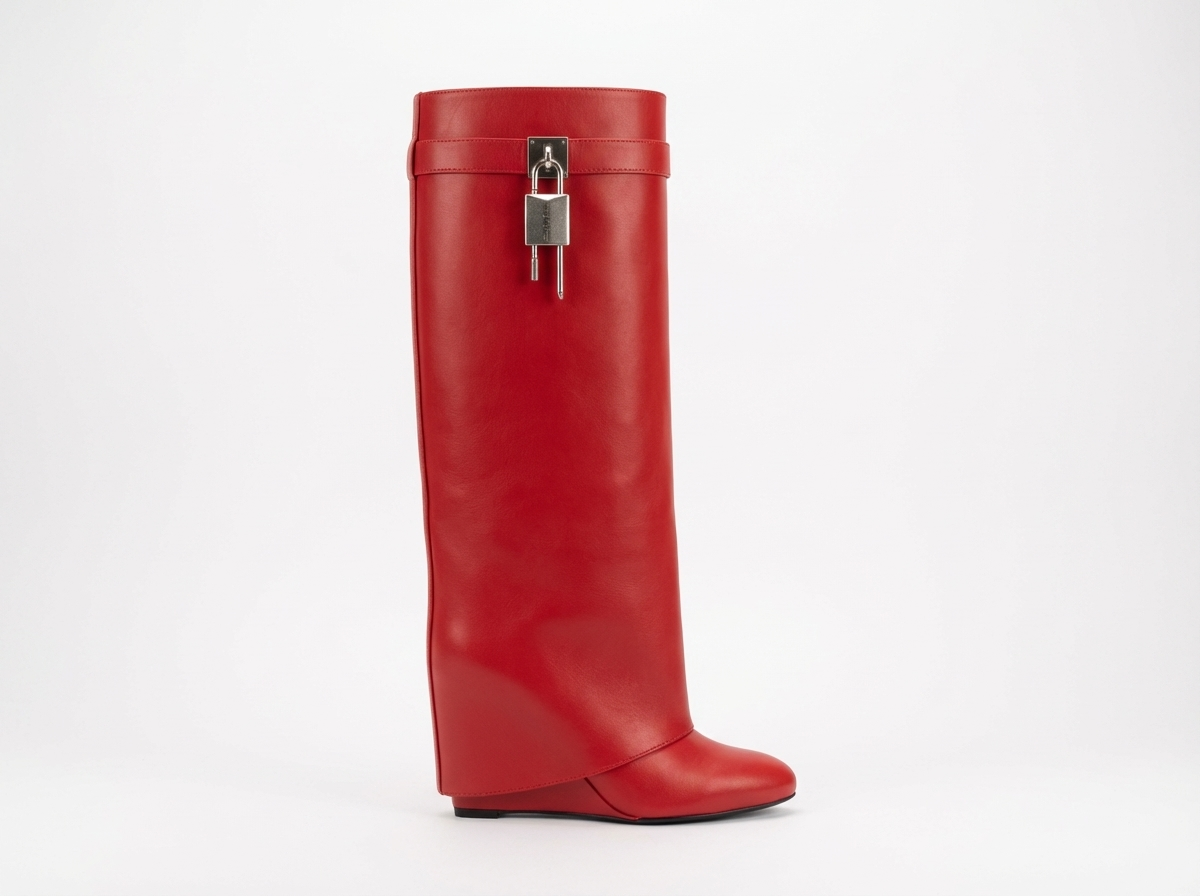 Botte haute rouge Cuir Femme - Cadenas argenté