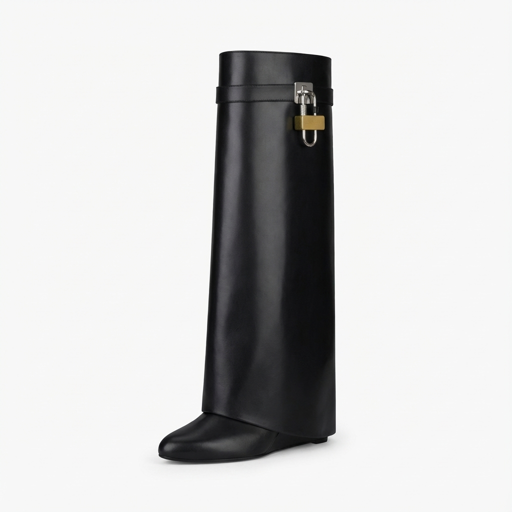Botte haute noir Cuir Femme - Boucle à cadenas
