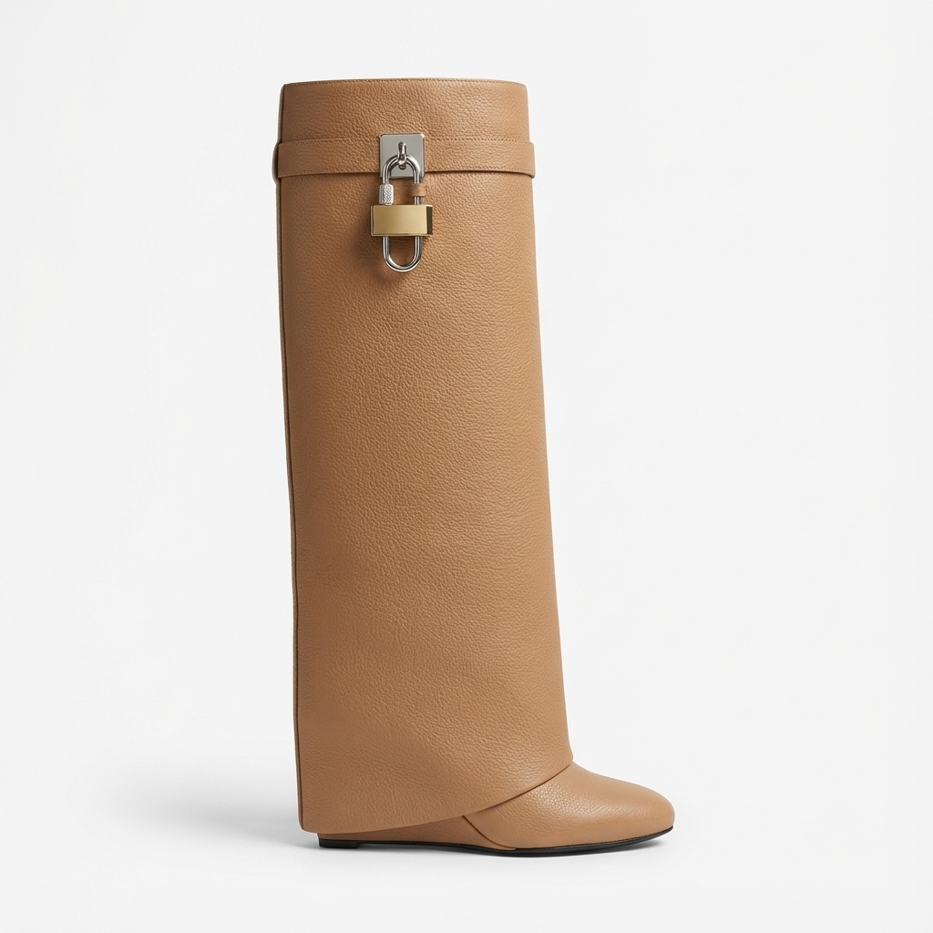 Botte haute camel Cuir Femme - Boucle métallique, cuir grainé