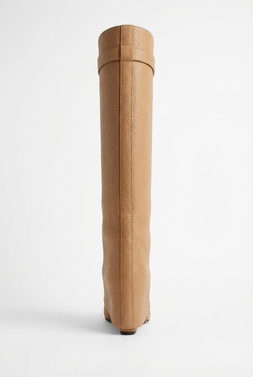 Botte haute camel Cuir Femme - Boucle métallique, cuir grainé