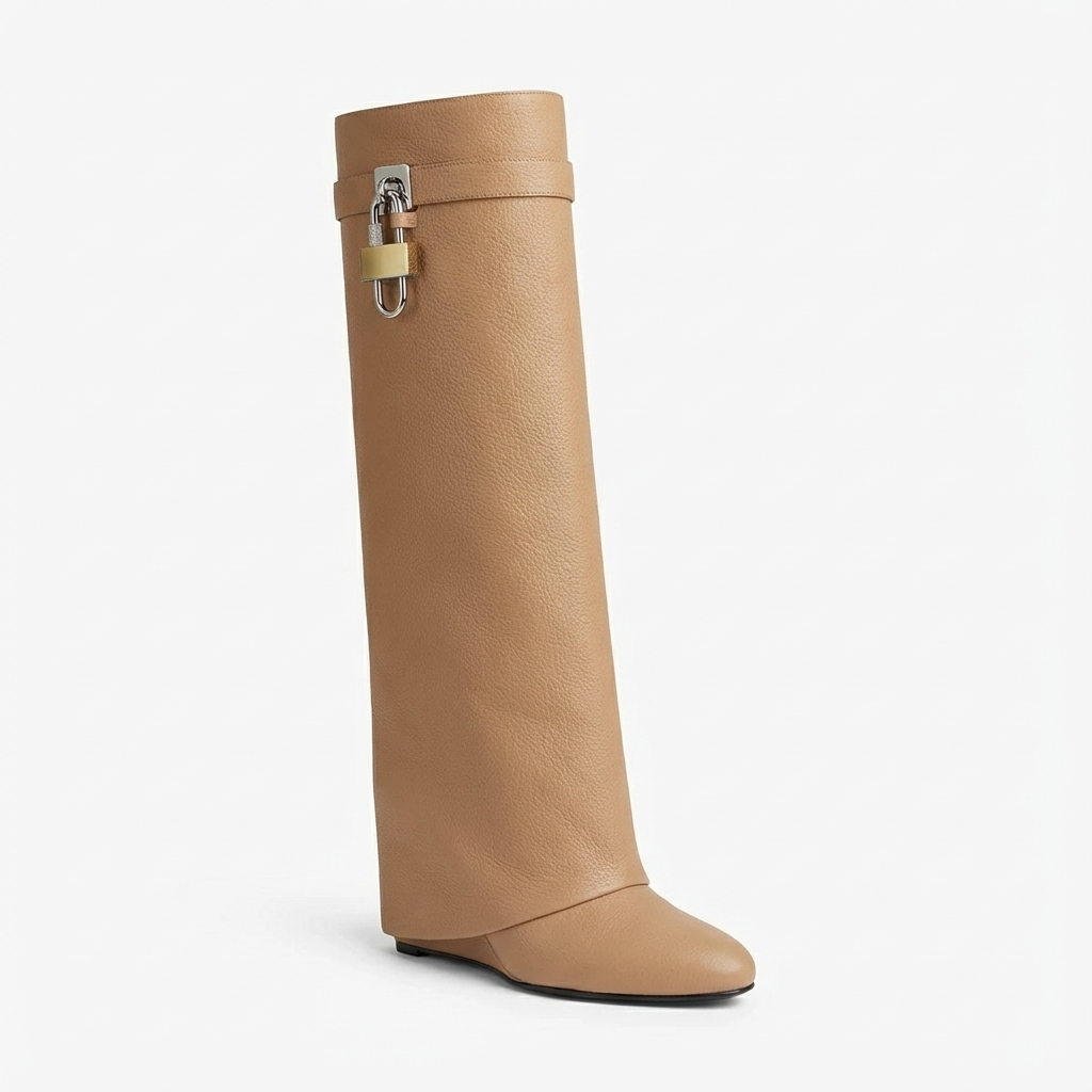 Botte haute camel Cuir Femme - Boucle métallique, cuir grainé