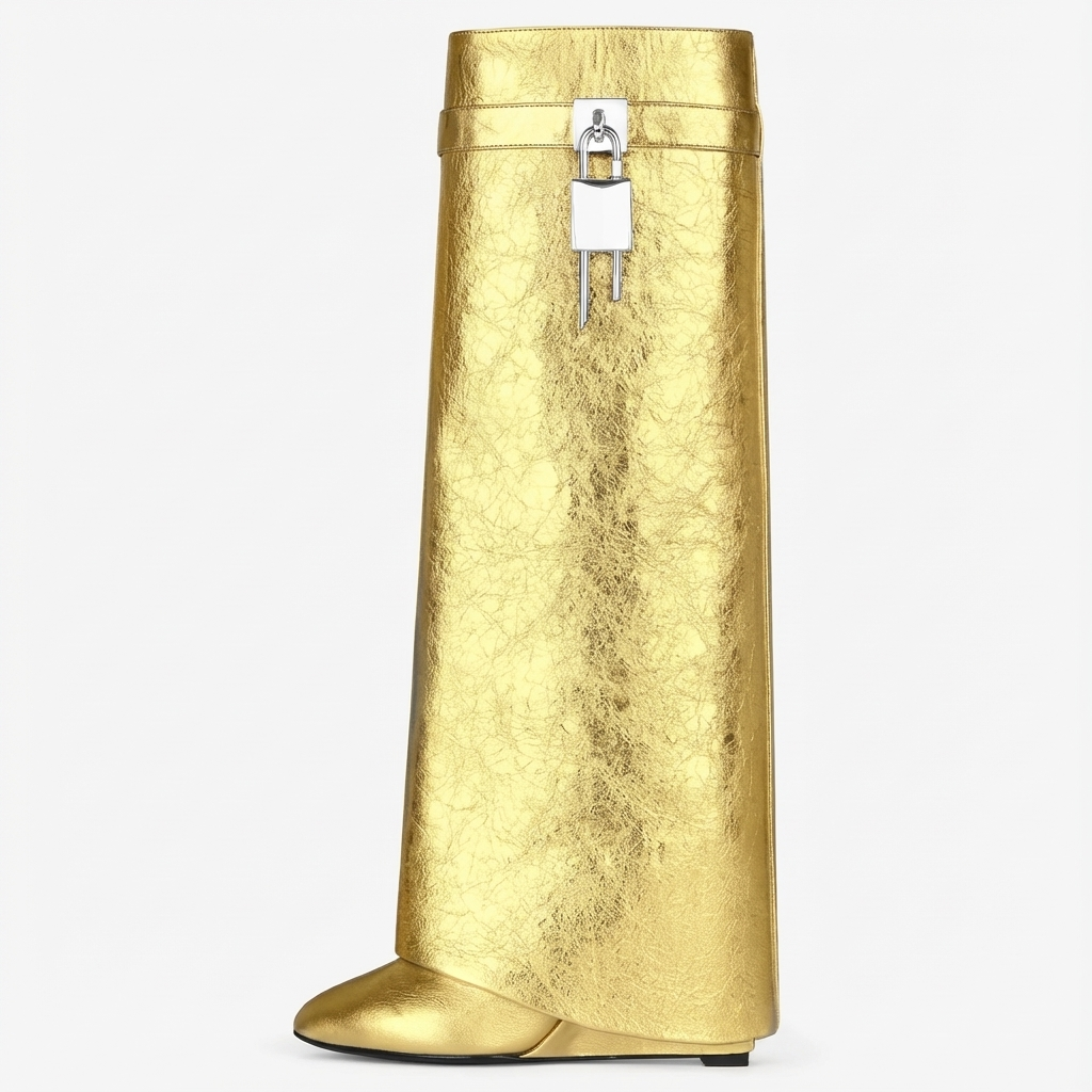Botte haute doré Cuir Femme - Cadenas argenté