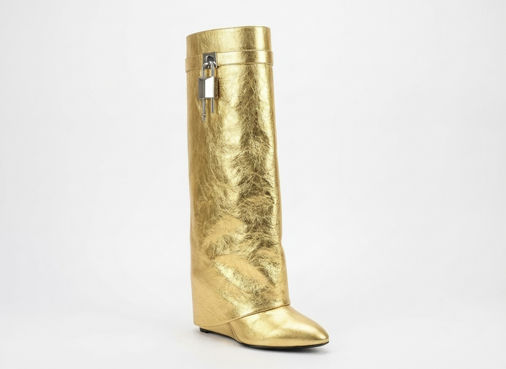 Botte haute doré Cuir Femme - Cadenas argenté